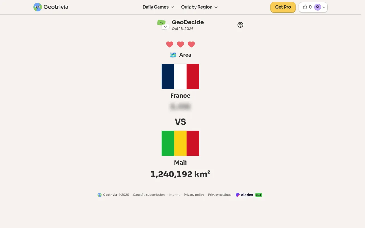 Today's GeoDecide board on 18 October 2026: the category Area, France with its figure hidden against Mali at 1,240,192 km², three hearts above