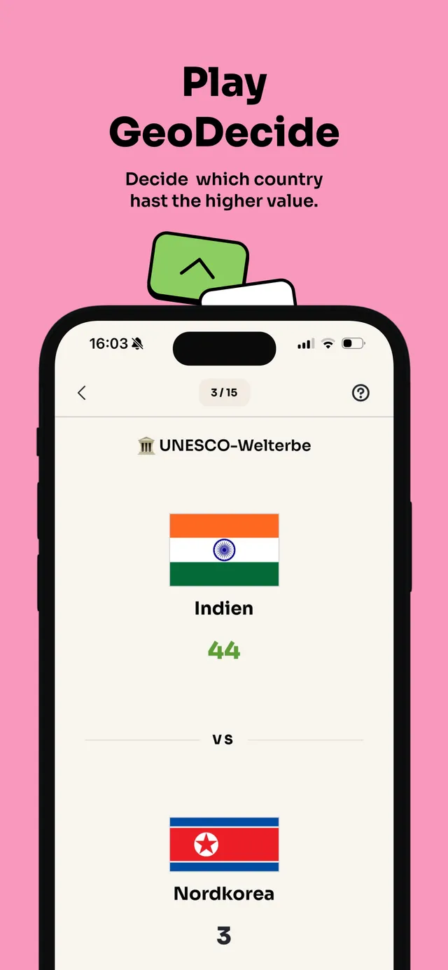GeoDecide in the Geotrivia app: the category UNESCO World Heritage sites, India with 44 against North Korea with 3, round 3 of 15
