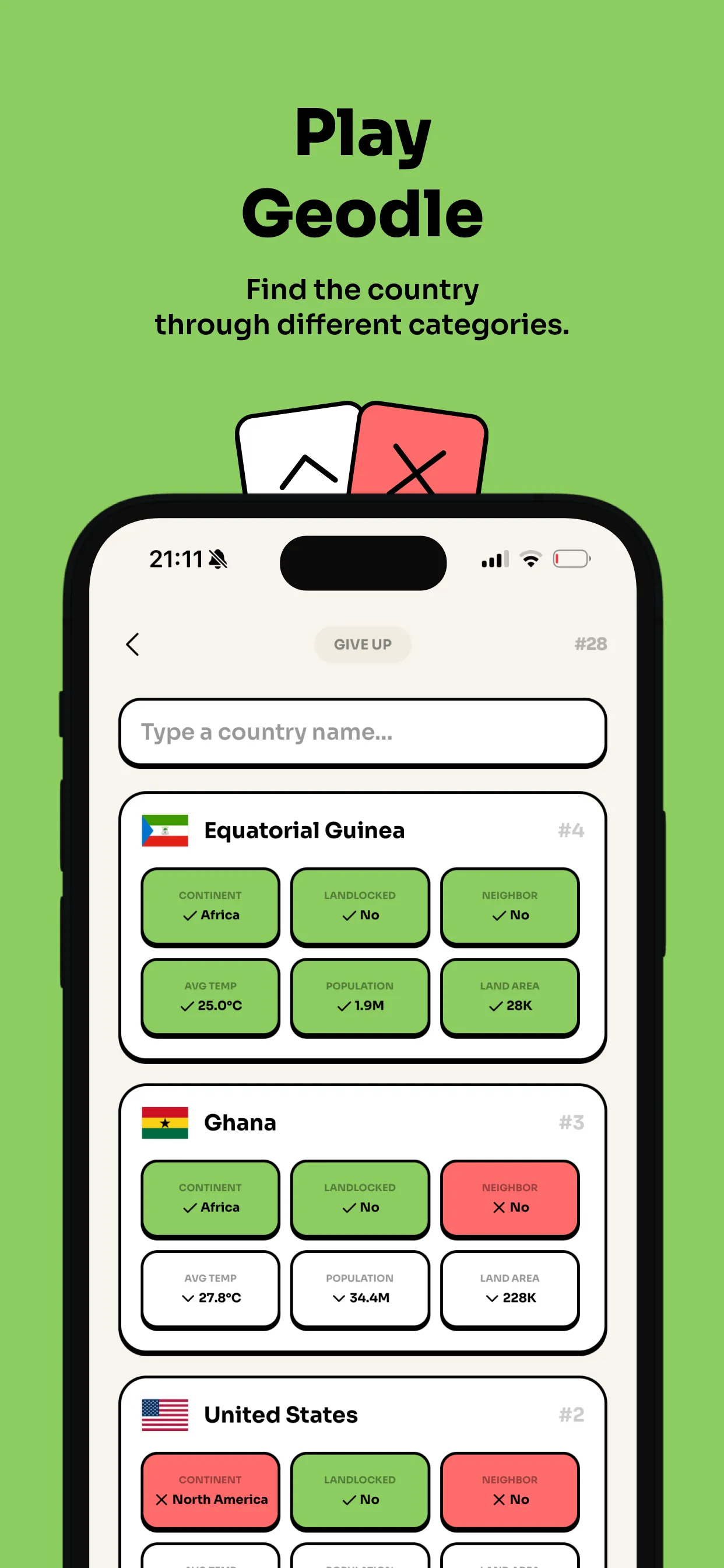 Geodle #28 in the Geotrivia app: guesses Equatorial Guinea, Ghana and United States, each with green, red and arrow tiles for continent, landlocked, neighbour, temperature, population and land area