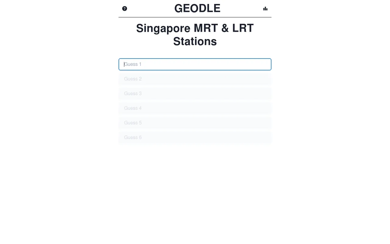 Geodle's Singapore MRT & LRT Stations puzzle with six empty guess rows
