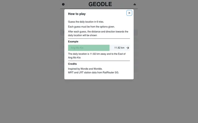 Geodle's How to play card: guess the daily location in 6 tries, with an example guess of Ang Mo Kio 11.82 km away and an arrow pointing east