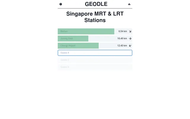 Today's Geodle MRT & LRT Stations board with three guesses, Bishan 6.54 km, Jurong East 16.46 km and Changi Airport 12.40 km, each with a direction arrow