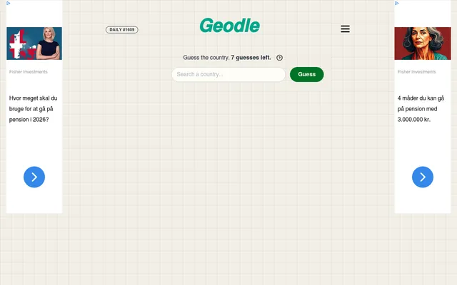 Geodle daily #1609: Guess the country, 7 guesses left, with a country search box and Guess button (ads at both sides)