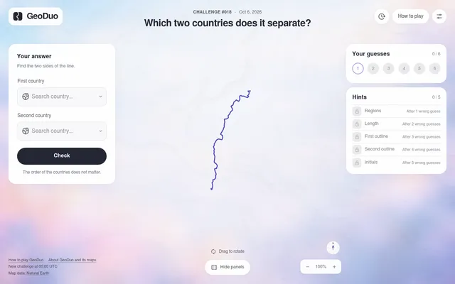 GeoDuo Challenge #018 for 6 October 2026: a single purple border line in the middle, answer boxes for two countries, six guess slots and a list of locked hints