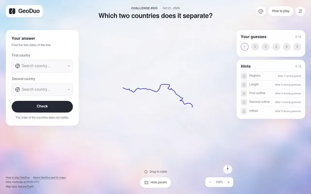 GeoDuo Challenge #033 for 21 October 2026: one purple border line in the middle, two country search boxes and a Check button on the left, six guess slots and five locked hints on the right