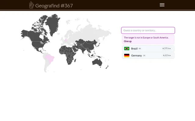 Geografind #367 in play: after guesses Germany (16,153 km) and Brazil (14,375 km), Europe and South America fade on the world map and the hint says the target is in neither