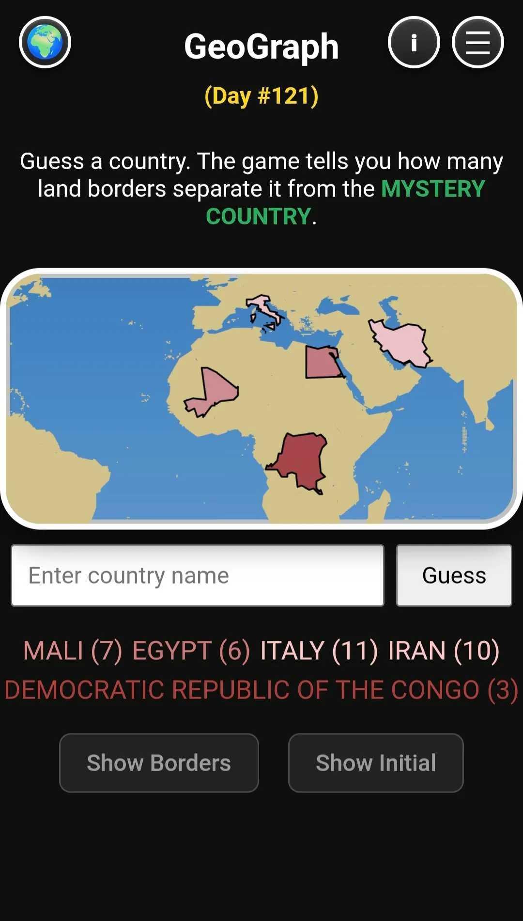 GeoGraph guesses shaded on a world map with their border counts: Mali 7, Egypt 6, Italy 11, Iran 10, DR Congo 3