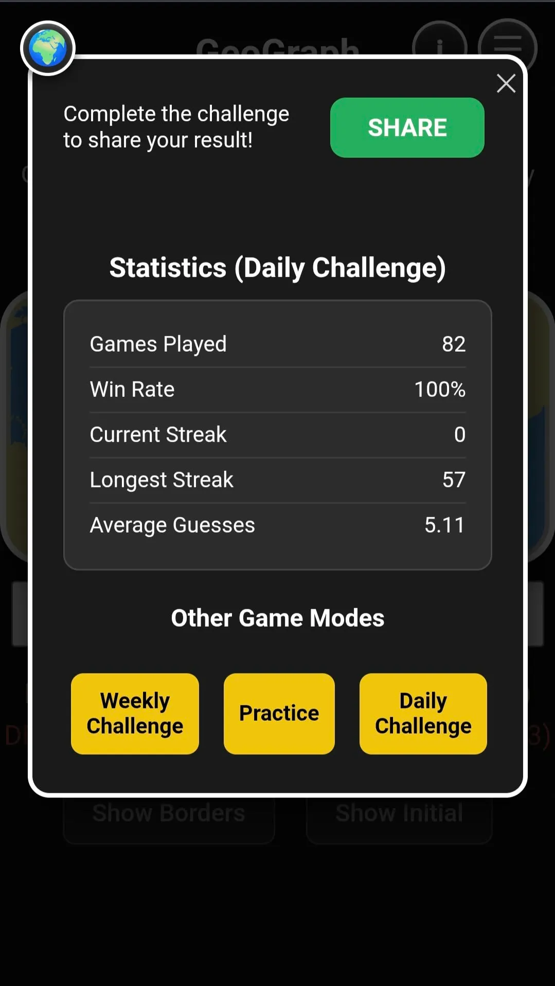 GeoGraph Daily Challenge statistics with games played, win rate, streaks and buttons for the other modes