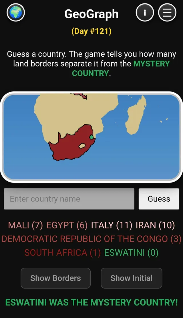 GeoGraph Day 121 solved: guesses from Mali to South Africa on the map, ending with Eswatini as the Mystery Country