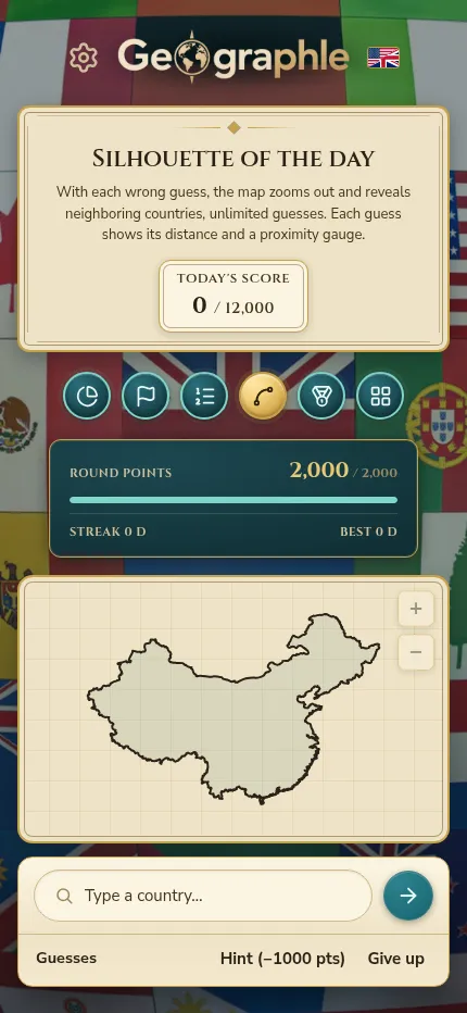 GeoGraphle's Silhouette of the day at phone size: a country's outline on a map, the guess box and the hint button