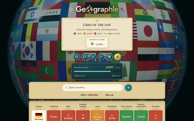 GeoGraphle's Grid of the day on a desktop: a guess of Germany scored on continent, GDP, football ranking, area, population, government, coastline and direction, with 1,600 round points left