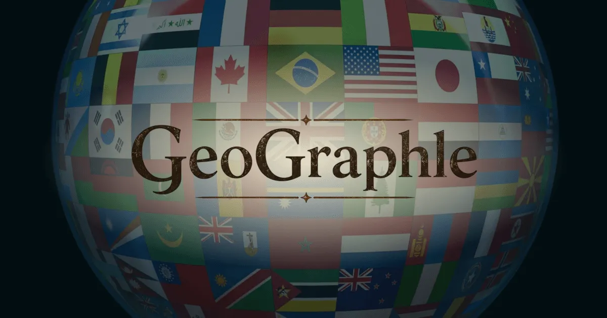 GeoGraphle title on a globe covered with national flags