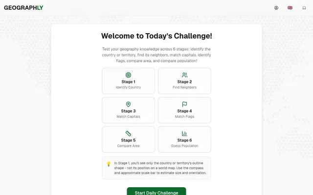 Geographly's Today's Challenge screen: six stages, Identify Country, Find Neighbors, Match Capitals, Match Flags, Compare Area and Guess Population, above a Start Daily Challenge button