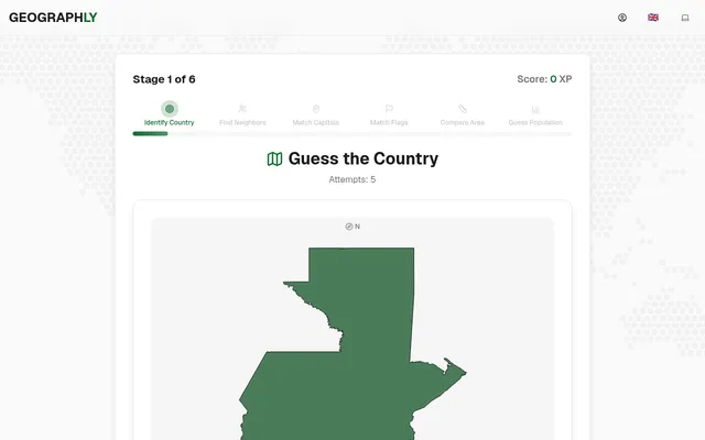 Geographly stage 1 of 6 on desktop: Guess the Country with five attempts, today's mystery outline (Guatemala) in green
