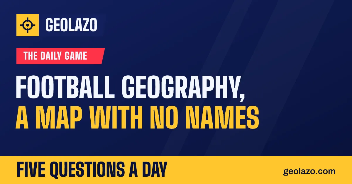 Geolazo's share card: football geography, a map with no names, five questions a day