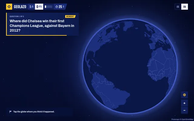 Geolazo in play: question 1 of 5 asks where Chelsea won their first Champions League, beside a globe with no place names and a 25 second clock
