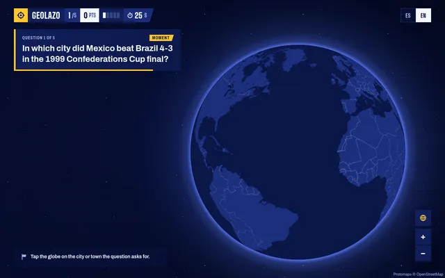 Geolazo on 24 October 2026, question 1 of 5: in which city did Mexico beat Brazil 4-3 in the 1999 Confederations Cup final, beside a globe with no place names