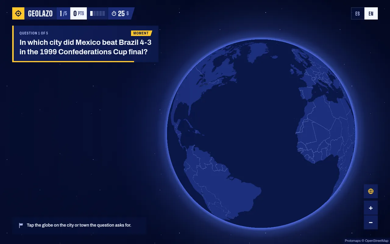 Geolazo on 24 October 2026, question 1 of 5: in which city did Mexico beat Brazil 4-3 in the 1999 Confederations Cup final, beside a globe with no place names