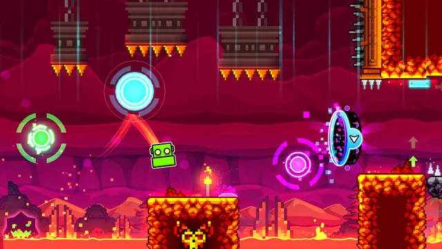 A Geometry Dash level in red and orange, with a green cube jumping between glowing rings over lava
