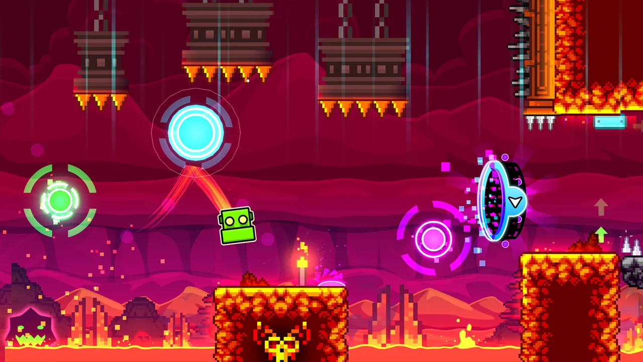A Geometry Dash level in red and orange, with a green cube jumping between glowing rings over lava