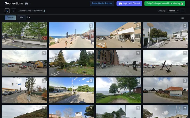Geonections Monday #393: a grid of street-level photos of coastal towns, harbours and anchors to sort into four groups by country, with Submit, Hint and five hearts