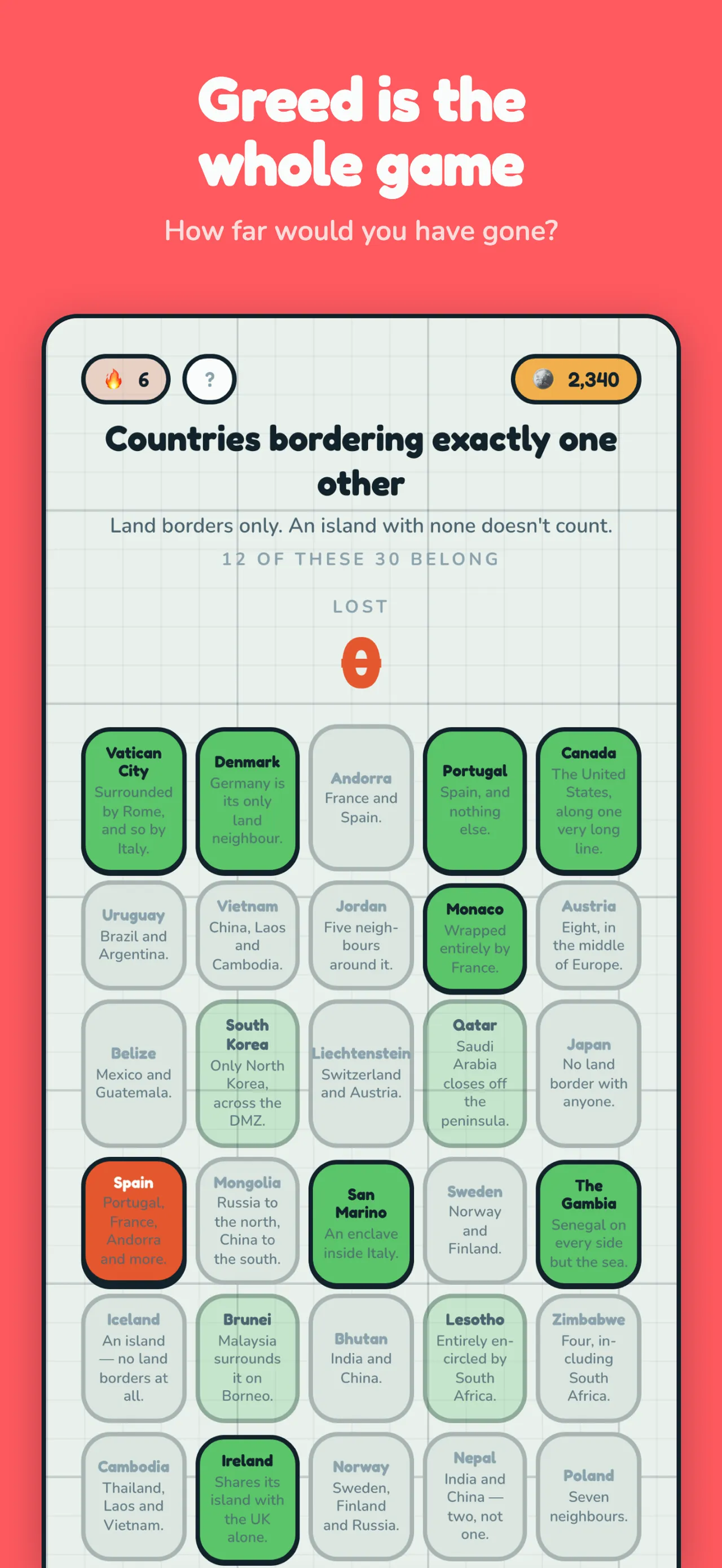 A lost GeoNerve round with every tile turned over to explain each country's land borders
