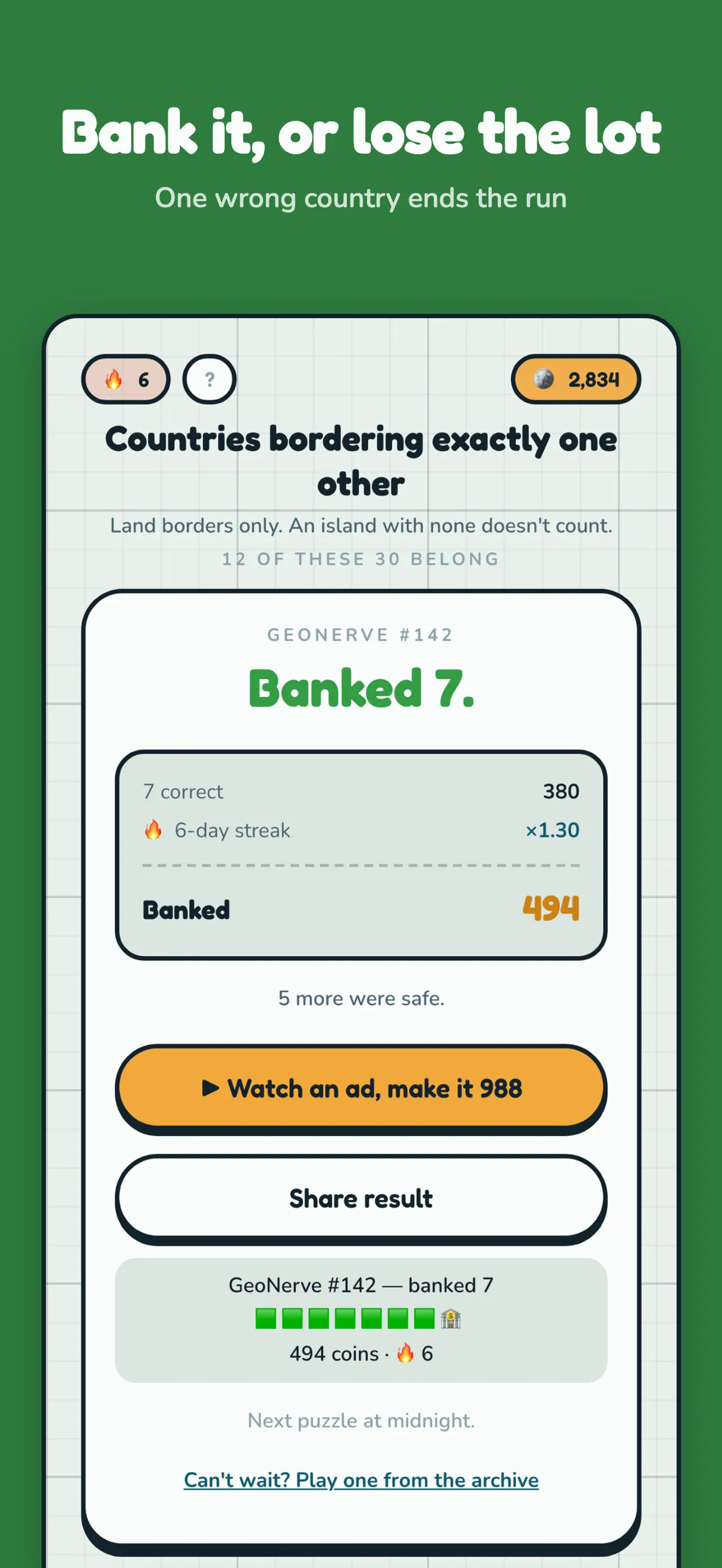 GeoNerve's result card: banked 7 correct with a streak bonus, a shareable row of squares and a note that the next puzzle comes at midnight