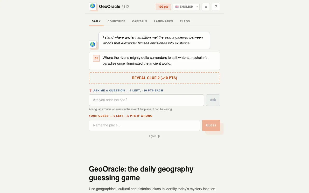 GeoOracle puzzle #112: the place's first-person opening line and first clue, a Reveal clue 2 button, a question box with three questions left and a guess box with six guesses left