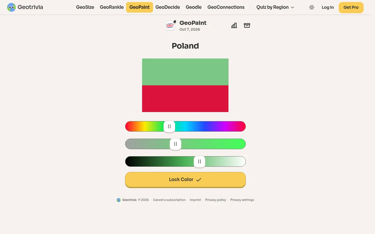 GeoPaint for 7 October 2026: the flag of Poland with its white band to be recoloured, hue, saturation and lightness sliders, and a Lock Color button