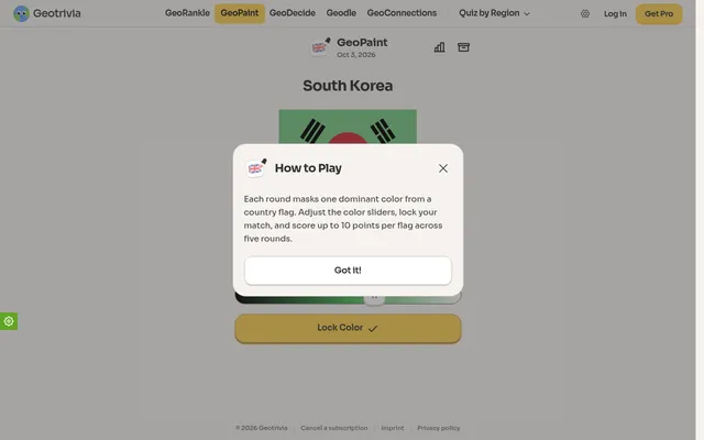 GeoPaint for Oct 3, 2026: the South Korea flag with one colour masked, a Lock Color button, and the game's How to Play box explaining five rounds of up to 10 points each