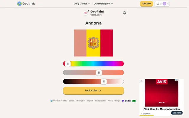 GeoPaint for Oct 18, 2026: the flag of Andorra with its blue band to be mixed, hue, saturation and lightness sliders and a Lock Color button