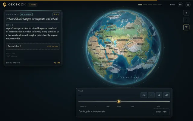 Geopoch daily round, item 1 of 5: a science clue about a new kind of mathematics beside a 3D globe, with a year slider from 3000 BC to 2000 and a Drop pin button