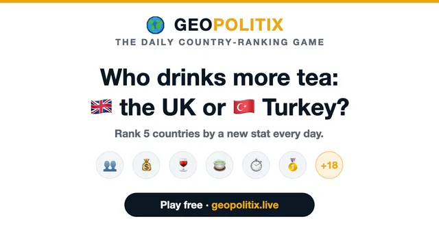 Geopolitix share art in English: Who drinks more tea, the UK or Turkey? Rank 5 countries by a new stat every day, with statistic icons