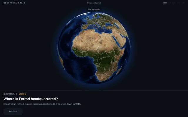 GeoPreneur #019, question 1 of 5 (Medium): Where is Ferrari headquartered?, with the 3D globe to pin on and a Guess button