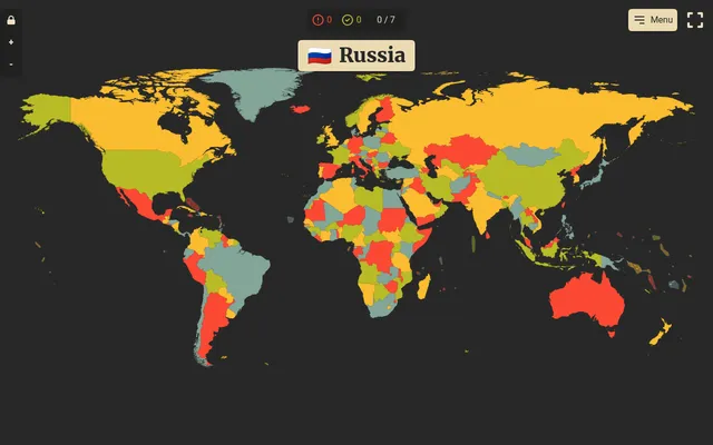 GeoQuest asking the player to find Russia on a coloured world map, with a 0 of 7 counter and mistake and correct tallies