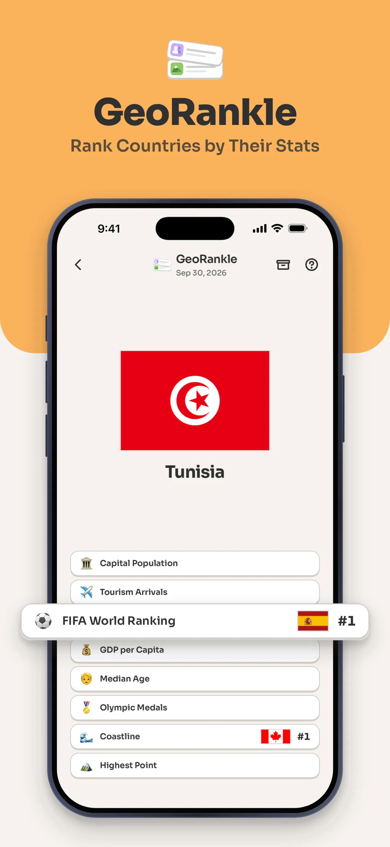 GeoRankle in the Geotrivia app: the flag of Tunisia above categories such as Capital Population and Coastline, with Spain #1 in FIFA World Ranking and Canada #1 in Coastline