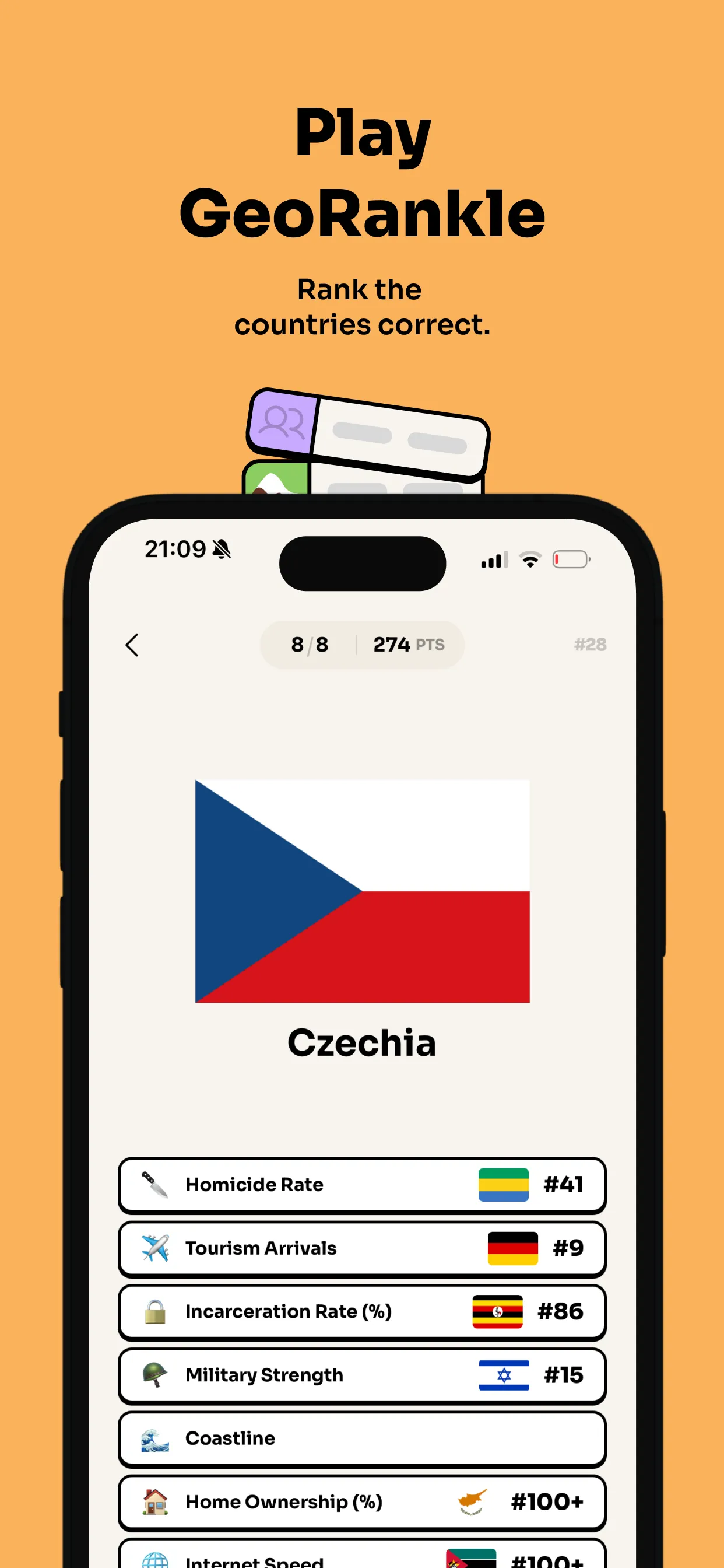 GeoRankle #28 in the Geotrivia app: the flag of Czechia above a list of categories such as Homicide Rate, Tourism Arrivals and Military Strength, each filled with a country and its rank