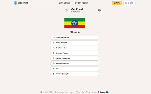Today's GeoRankle board on 21 October 2026: the flag of Ethiopia above eight categories, from FIFA Ranking (M) and UNESCO Sites to Area and Military Strength