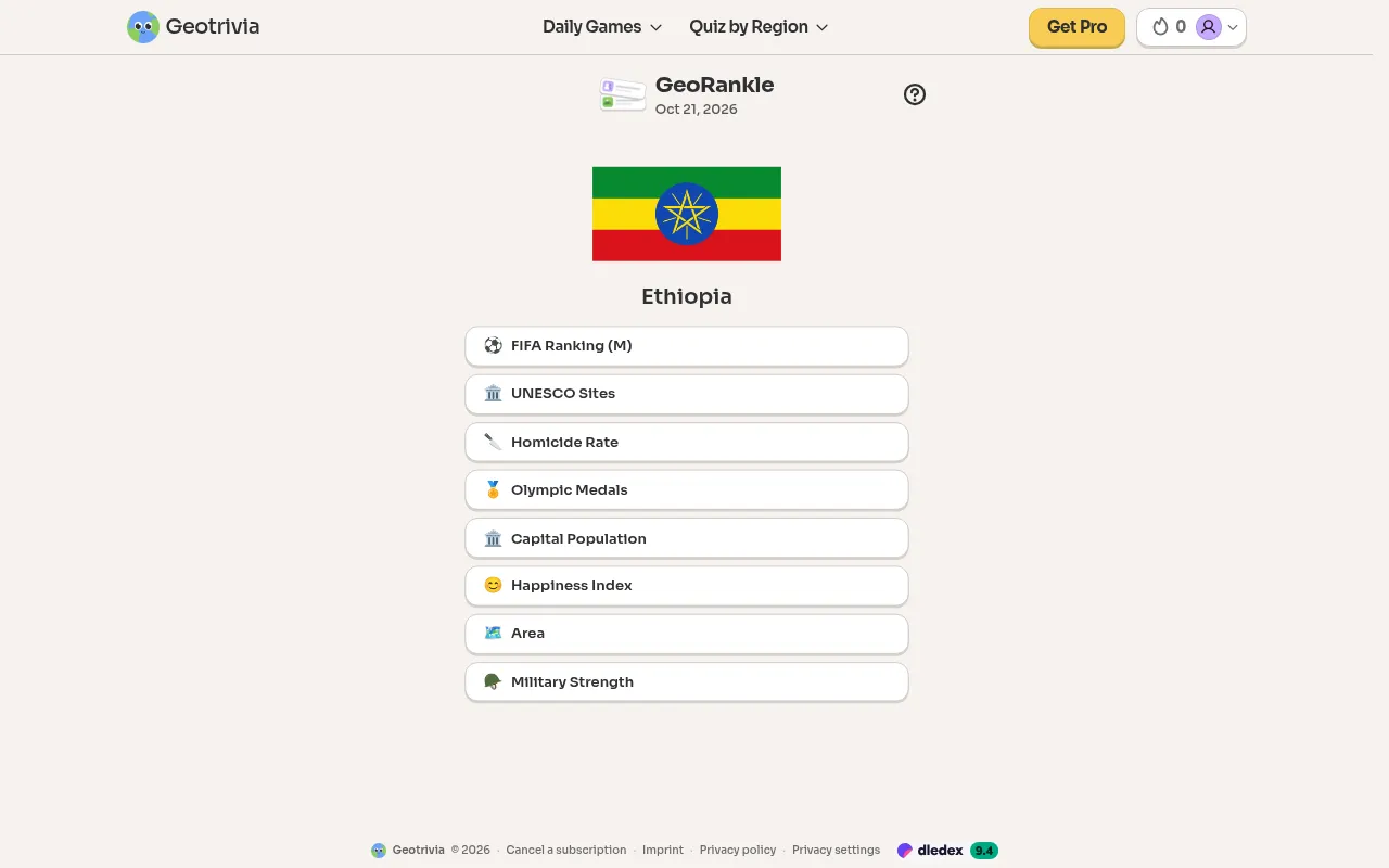 Today's GeoRankle board on 21 October 2026: the flag of Ethiopia above eight categories, from FIFA Ranking (M) and UNESCO Sites to Area and Military Strength