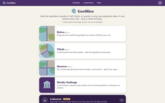 GeoSlice daily modes for Oct 4: Halves, Thirds and Quarters, each splitting a map's population with lines, plus a Weekly Challenge