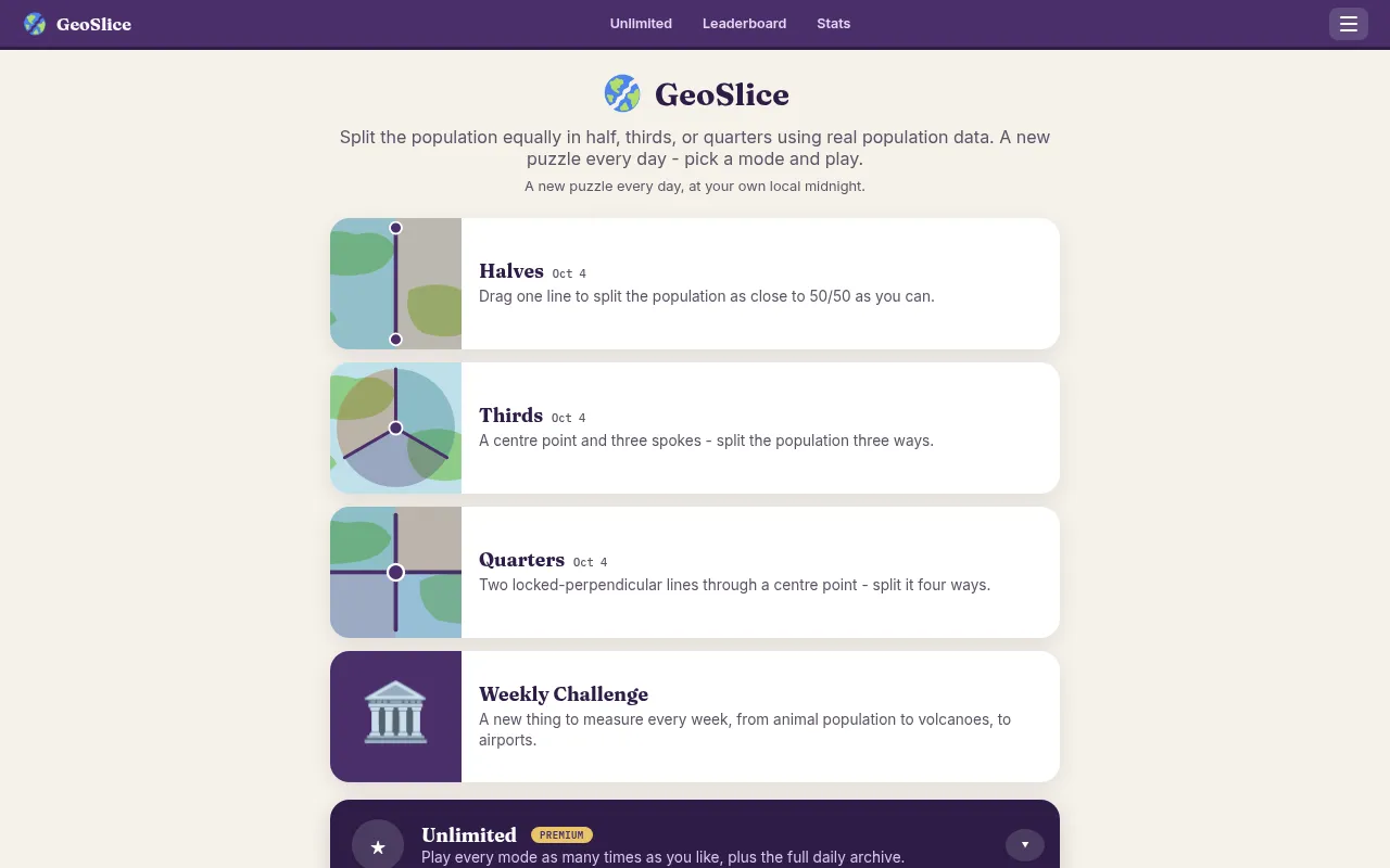 GeoSlice start page: the Halves, Thirds and Quarters daily modes, each splitting a map's population with lines, plus a Weekly Challenge