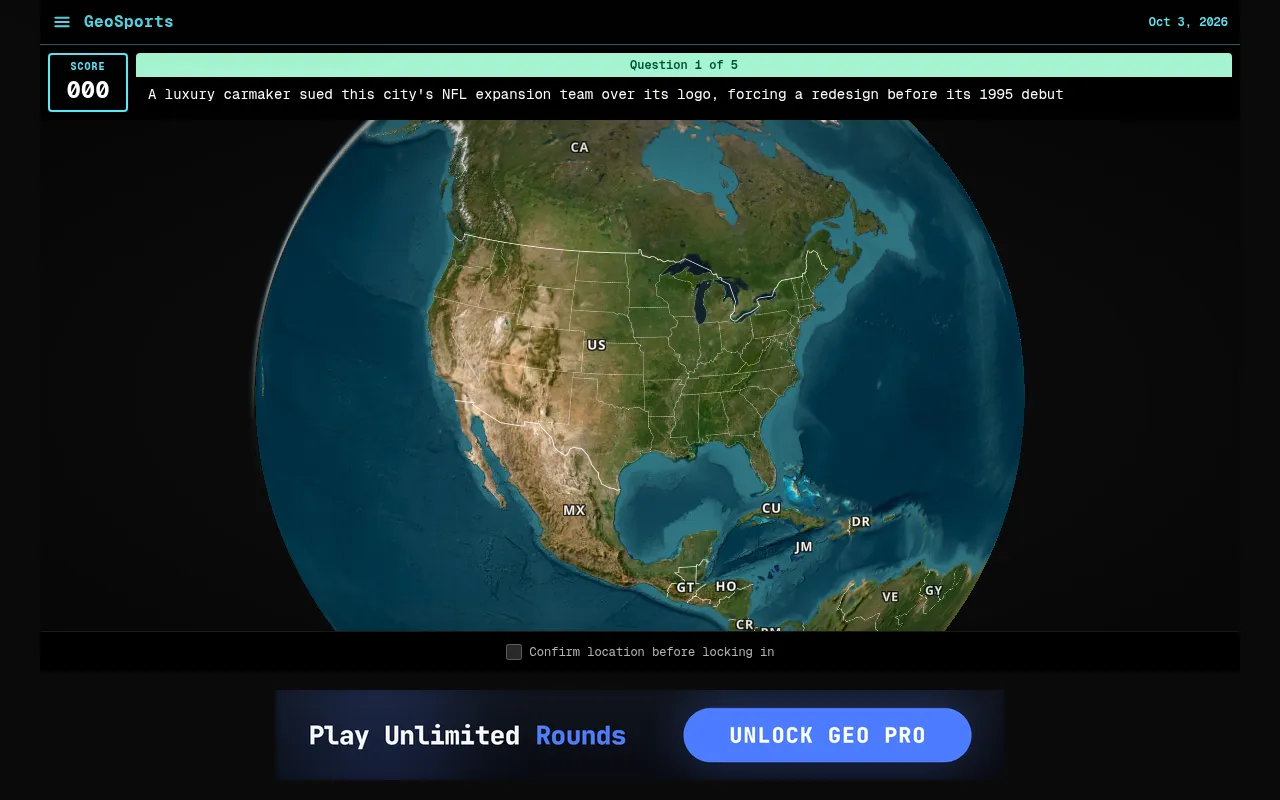 GeoSports for Oct 3, 2026, question 1 of 5: a clue about an NFL expansion team's logo above a satellite globe of North America, with the score at 000