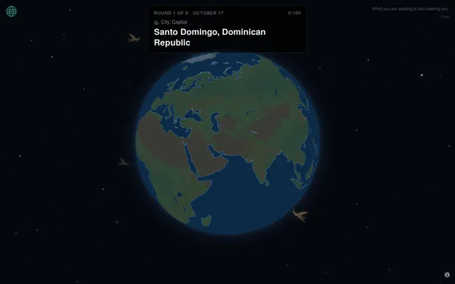 GeoTap Daily round 1 of 5 on October 17: the card asks for Santo Domingo, Dominican Republic, a capital city, above an unlabelled 3D globe