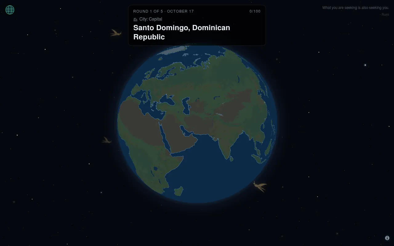 GeoTap Daily round 1 of 5 on October 17: the card asks for Santo Domingo, Dominican Republic, a capital city, above an unlabelled 3D globe