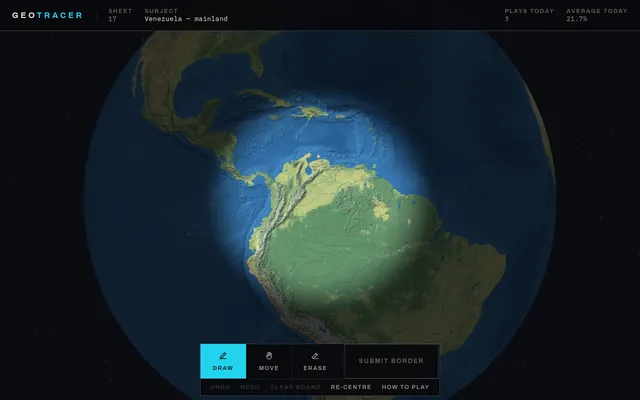 GeoTracer sheet 17: an unlabelled 3D globe of South America with the Draw, Move, Erase and Submit border controls