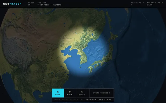 GeoTracer sheet 29 on a desktop: an unlabelled 3D globe of East Asia lit around the Korean peninsula, subject South Korea mainland, with the Draw, Move, Erase and Submit border tools