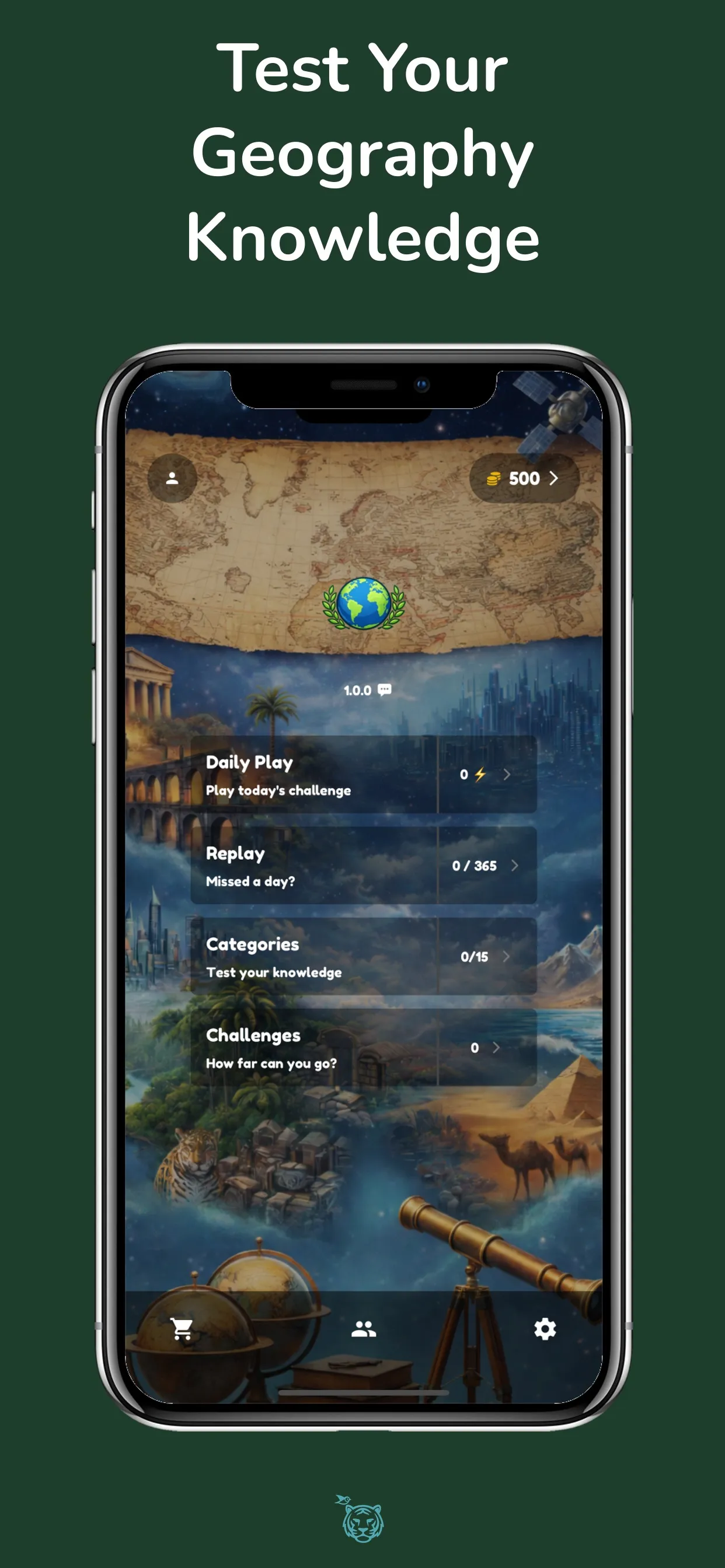 Geovalent home screen with Daily Play, Replay, Categories and Challenges over an illustrated world map