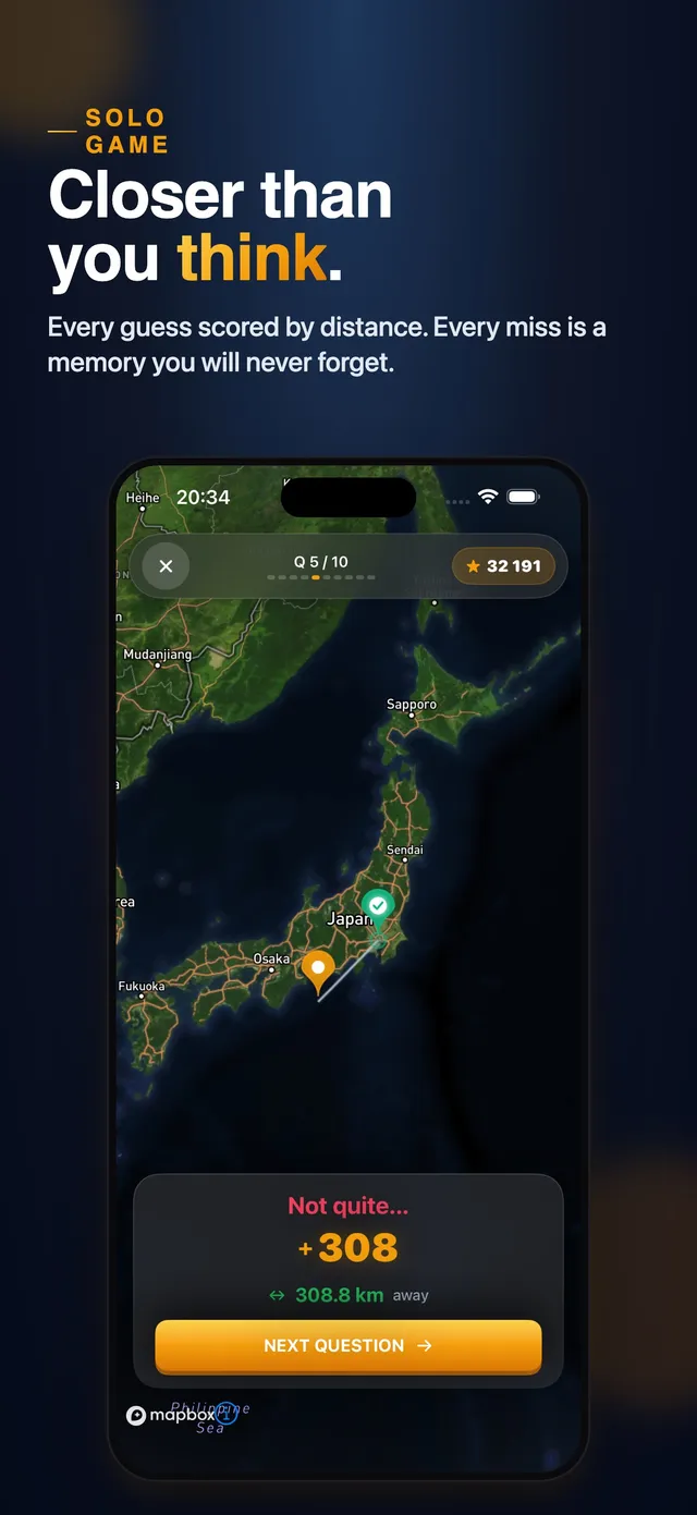 GeoWrecked question on a satellite map of Japan: the guess pin is 308.8 km from the answer, scoring 308 points