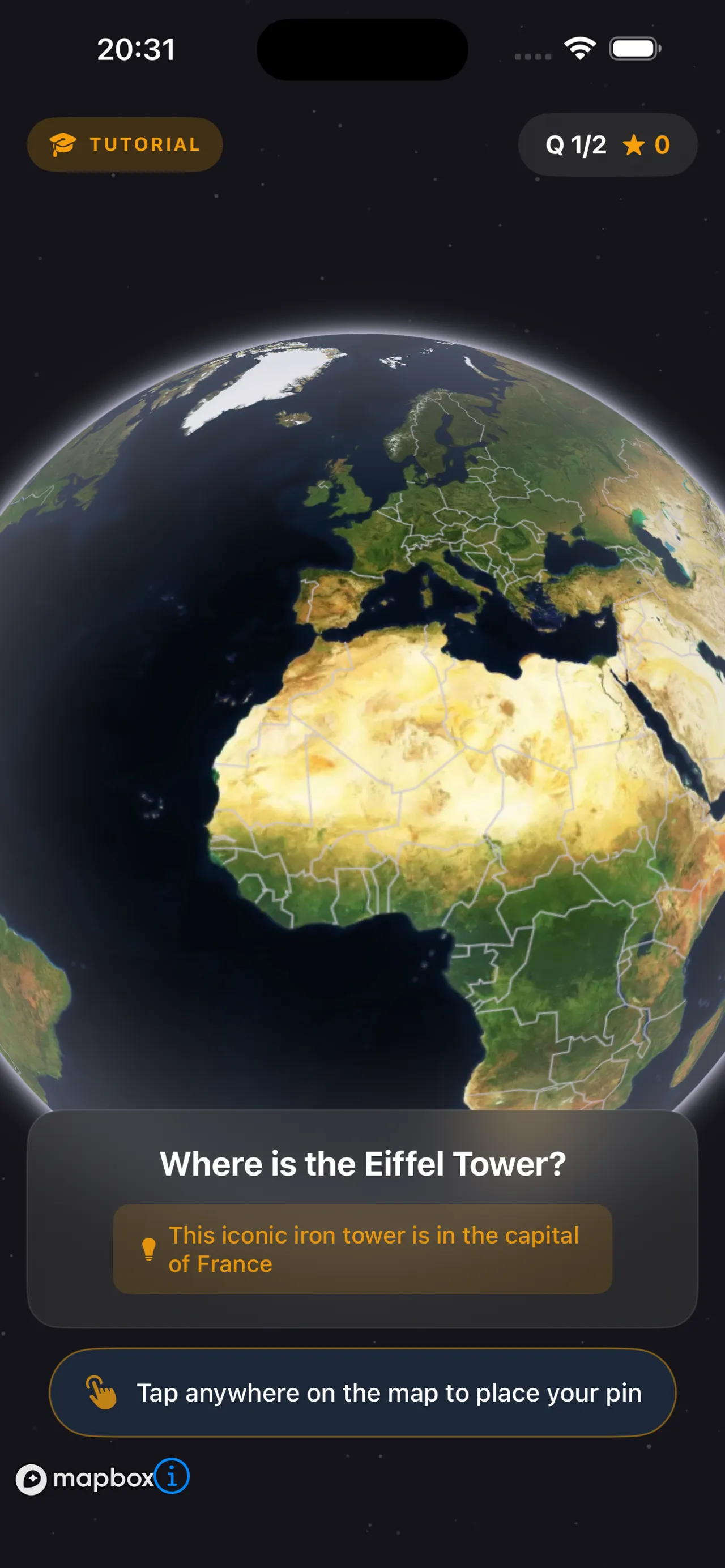 GeoWrecked on iPhone: a 3D satellite globe over Europe and Africa with the question card asking where the Eiffel Tower is
