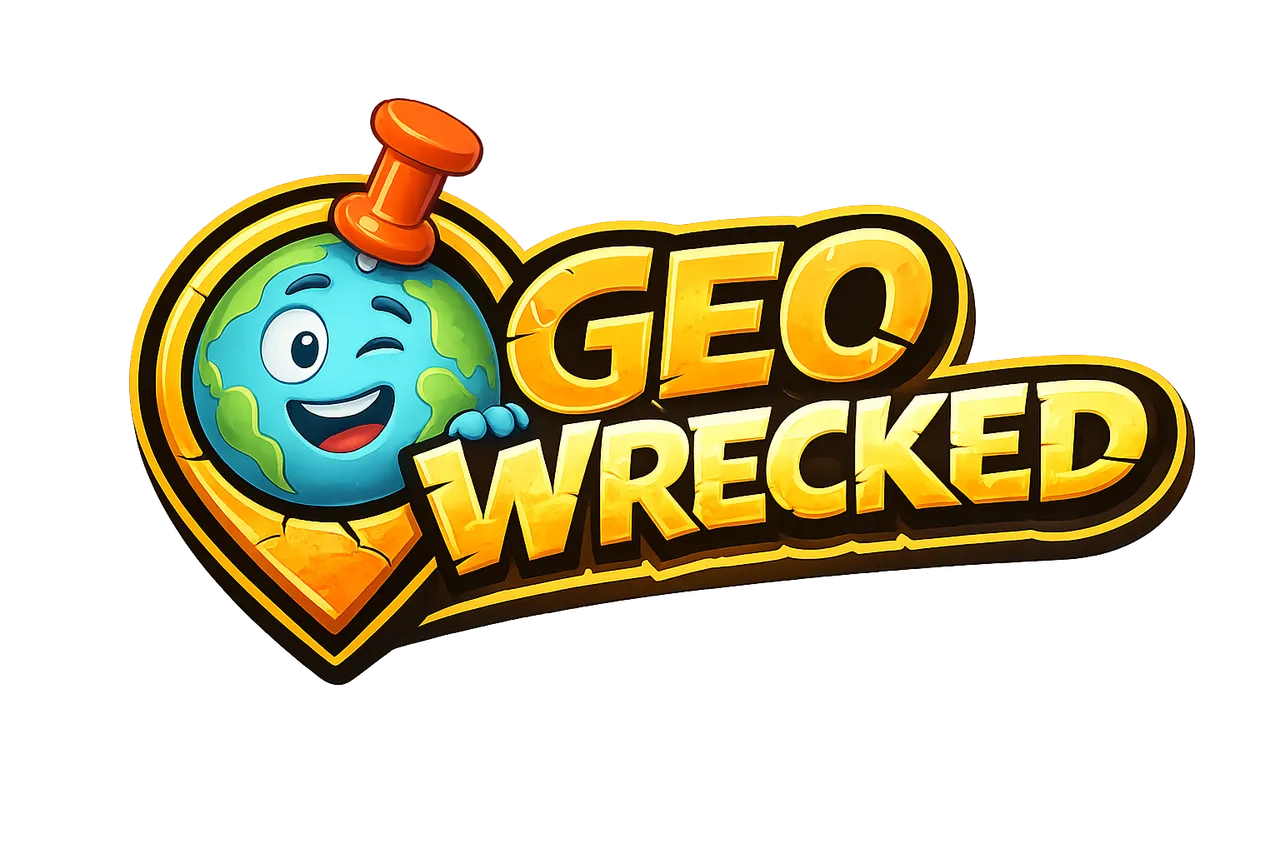 The GeoWrecked logo: cracked yellow lettering beside a winking cartoon globe in a map pin